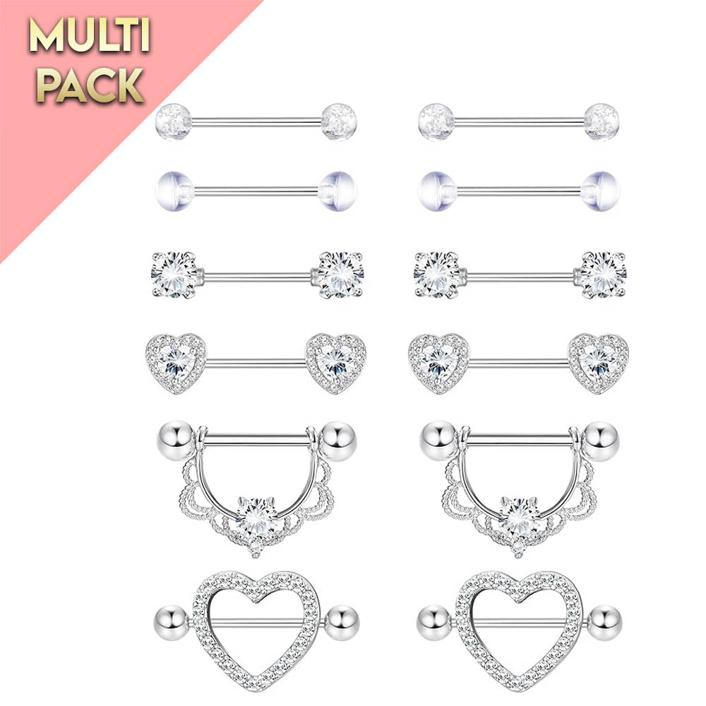 Cherry Diva Nipple Ring Multi Pack Of 10 Silver Crystal Nipple Bars