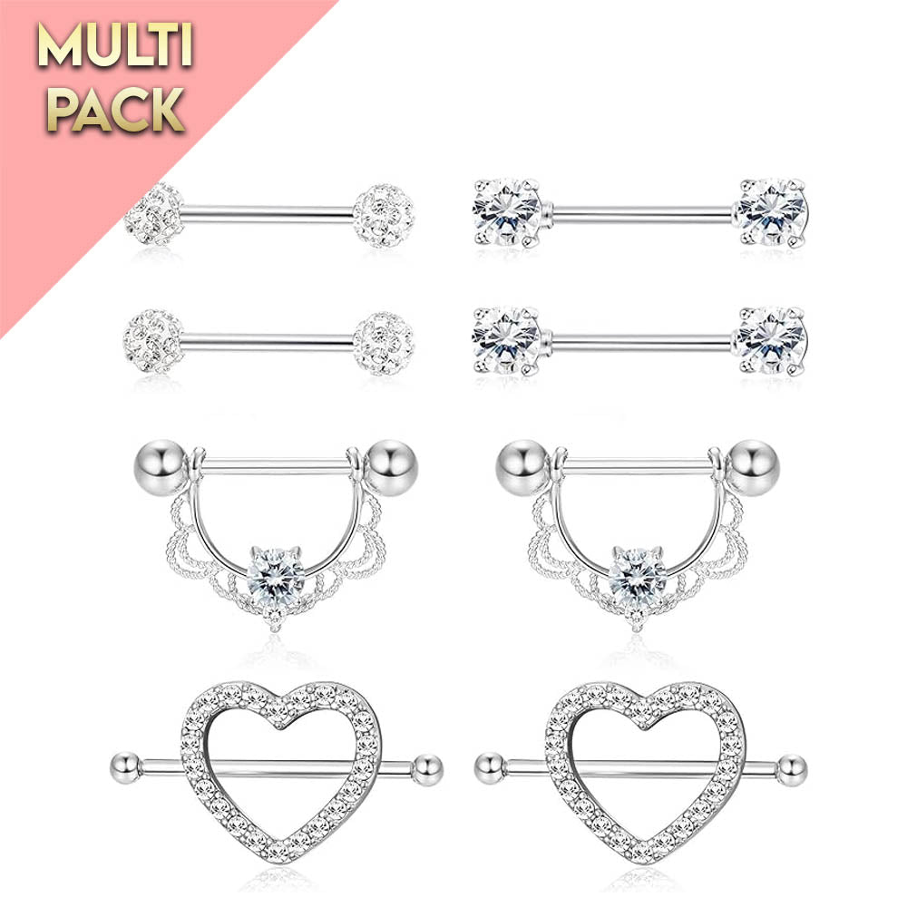 Cherry Diva Nipple Ring Multi Pack Of 8 Silver Crystal Nipple Bars