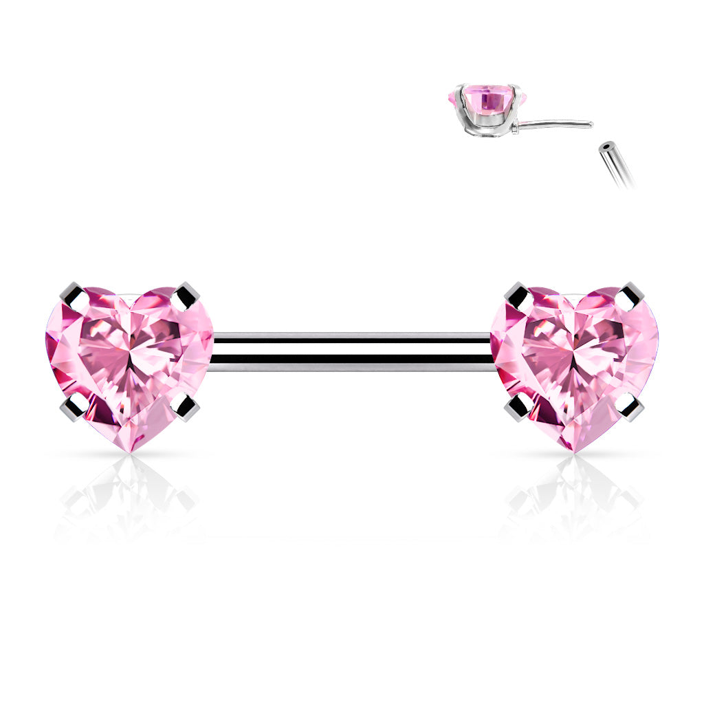 Cherry Diva Nipple Ring PINK 14 Gauge Press Fit Crystal Heart Barbell Nipple Bar
