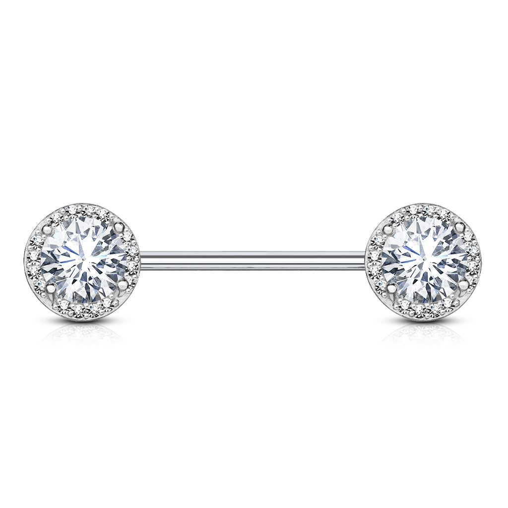 14 Gauge Double Crystal Ball End Nipple Bar Silver