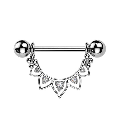 Cherry Diva Nipple Ring Silver 14 Gauge Filigree Crystal Fan Nipple Barbell