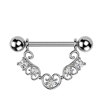 Cherry Diva Nipple Ring Silver 14 Gauge Filigree Crystal Heart Nipple Barbell