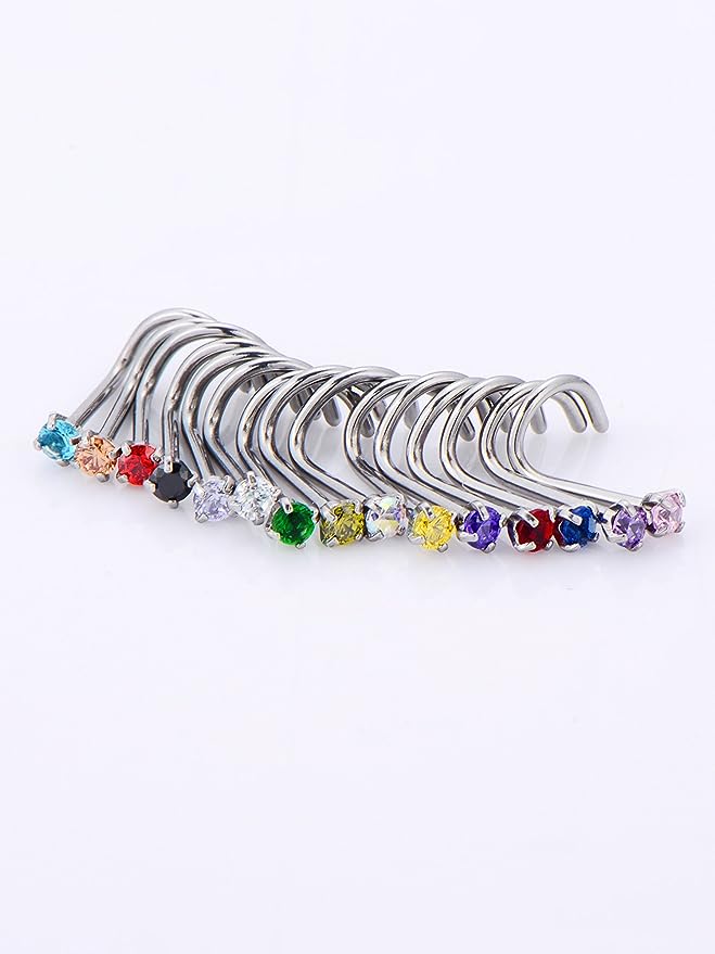Cherry Diva Screw Nose Ring Multi Pack Of 15 Curved Crystal Nose Studs