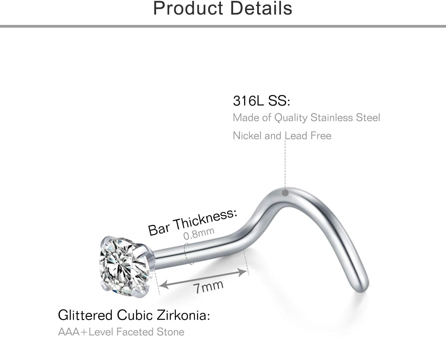 Cherry Diva Screw Nose Ring Multi Pack Of 16 Curved Crystal Nose Studs