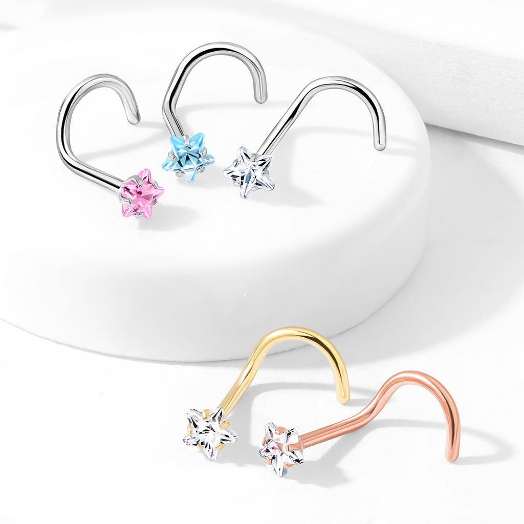 Cherry Diva Screw Nose Ring 20 Gauge Prong Set Star CZ Top Nose Screw Rings