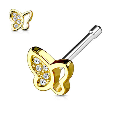 Cherry Diva Nose Stud Gold 20 Gauge Crystal Butterfly Straight Nose Stud