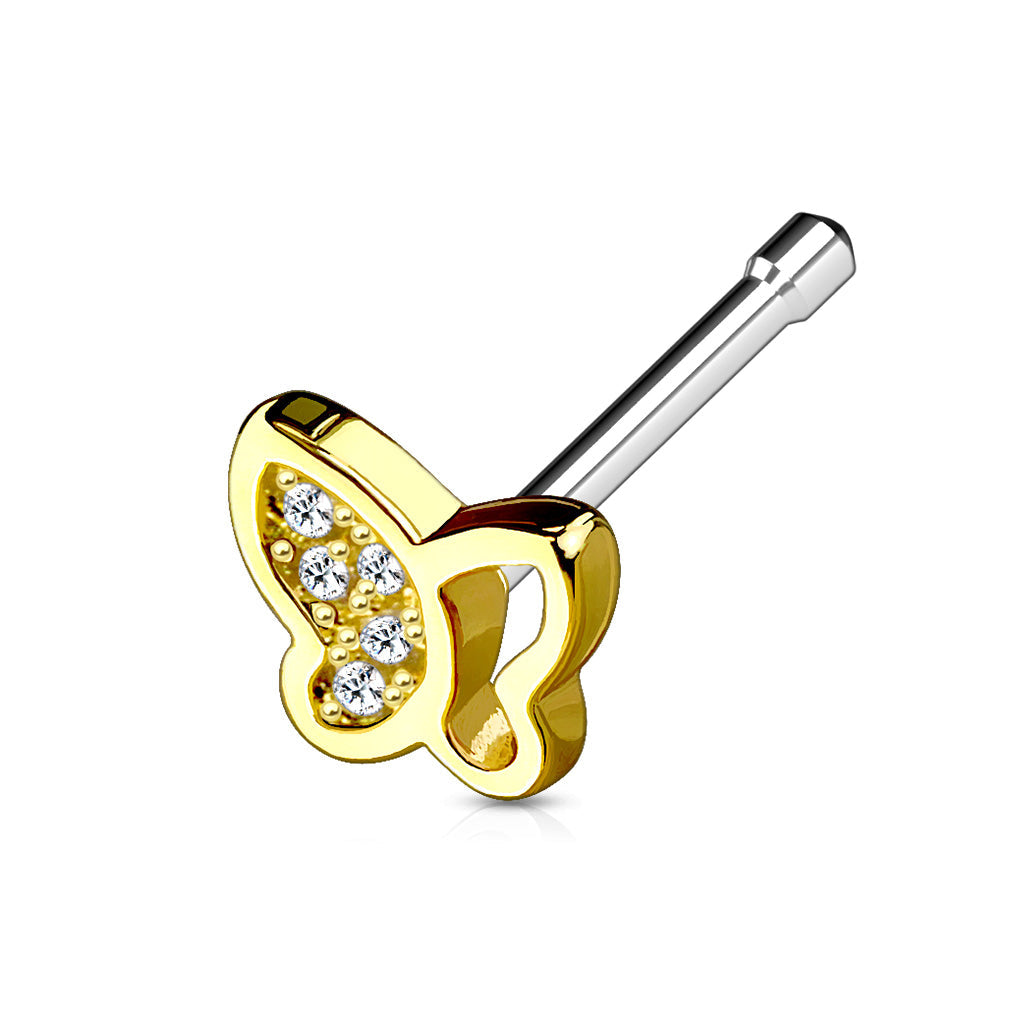 Cherry Diva Nose Stud Gold 20 Gauge Crystal Butterfly Straight Nose Stud