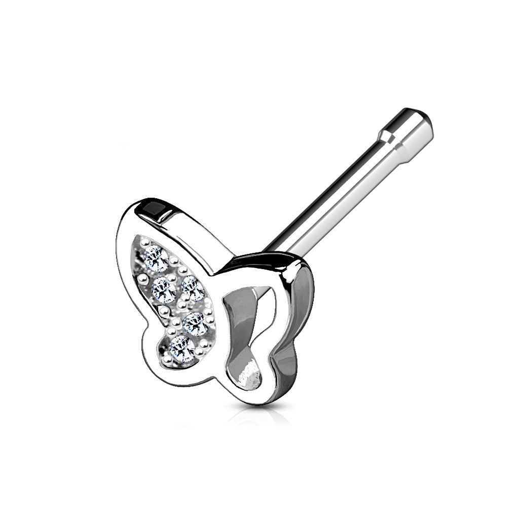Cherry Diva Nose Stud Silver 20 Gauge Crystal Butterfly Straight Nose Stud