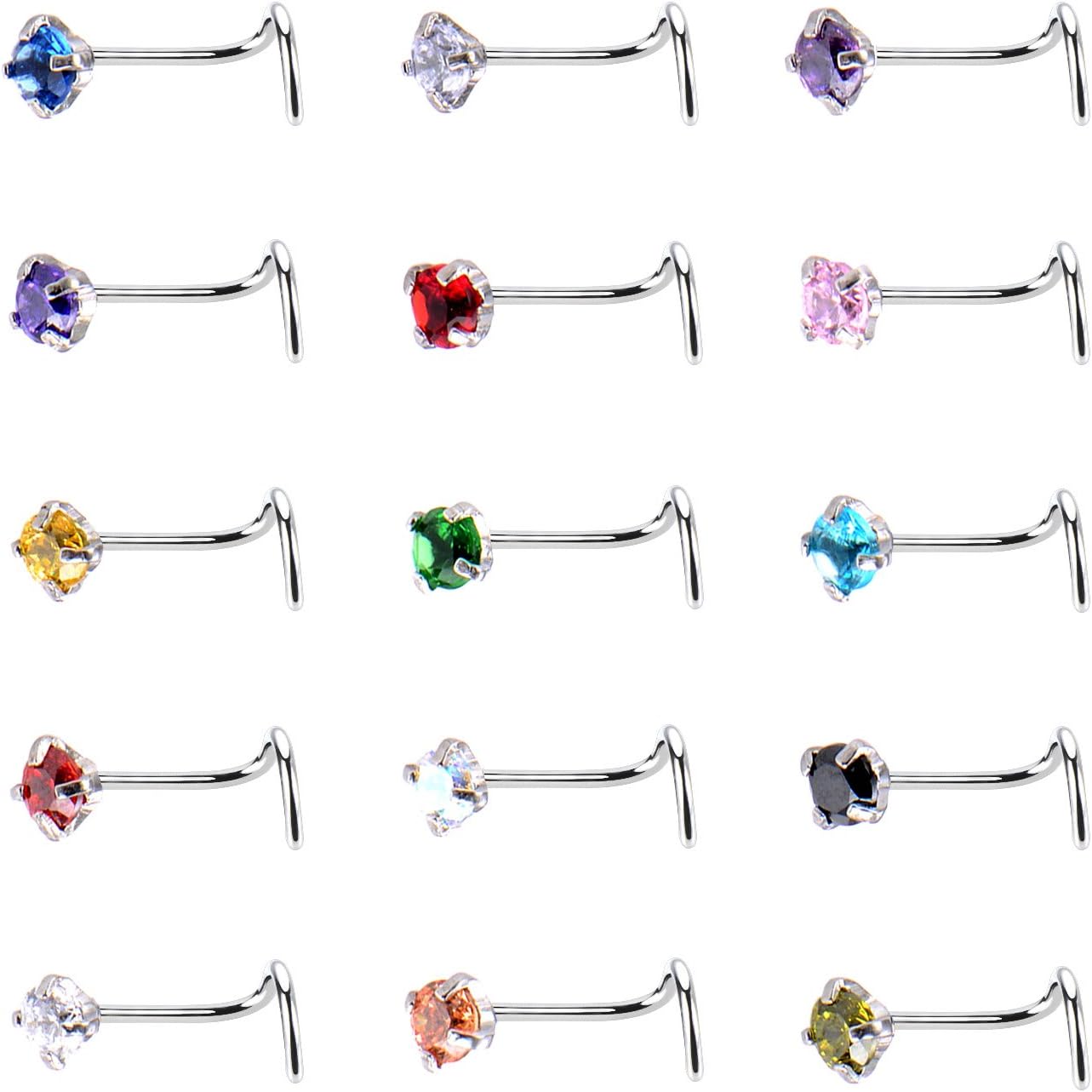 Cherry Diva Screw Nose Ring Multi Pack Of 15 Curved Crystal Nose Studs