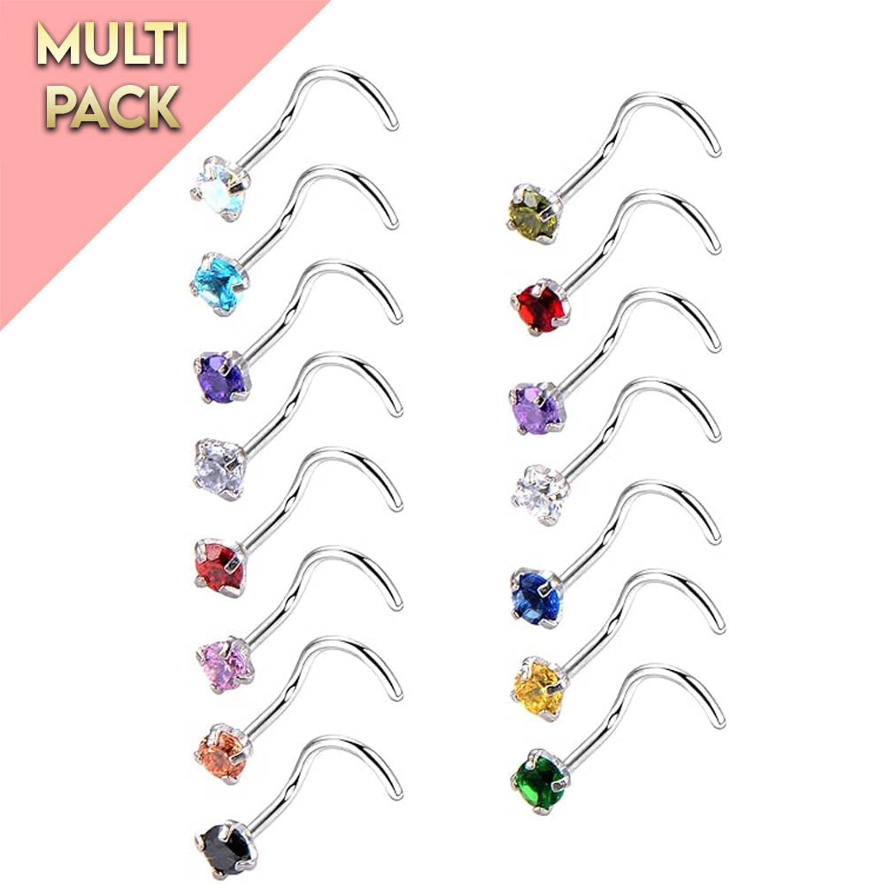 Cherry Diva Screw Nose Ring Multi Pack Of 15 Curved Crystal Nose Studs
