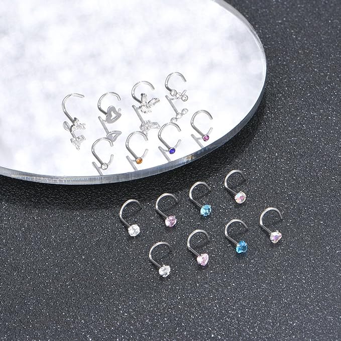 Cherry Diva Screw Nose Ring Multi Pack Of 16 Curved Crystal Nose Studs