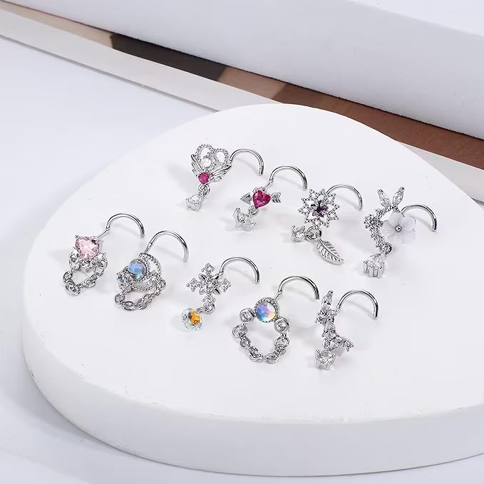 Multi Pack Of 9 Curved Crystal Nose Studs