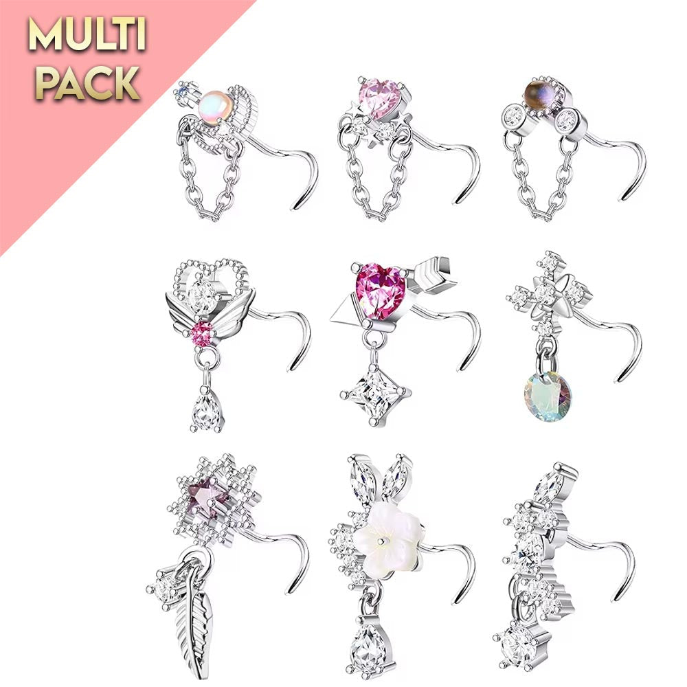 Multi Pack Of 9 Curved Crystal Nose Studs
