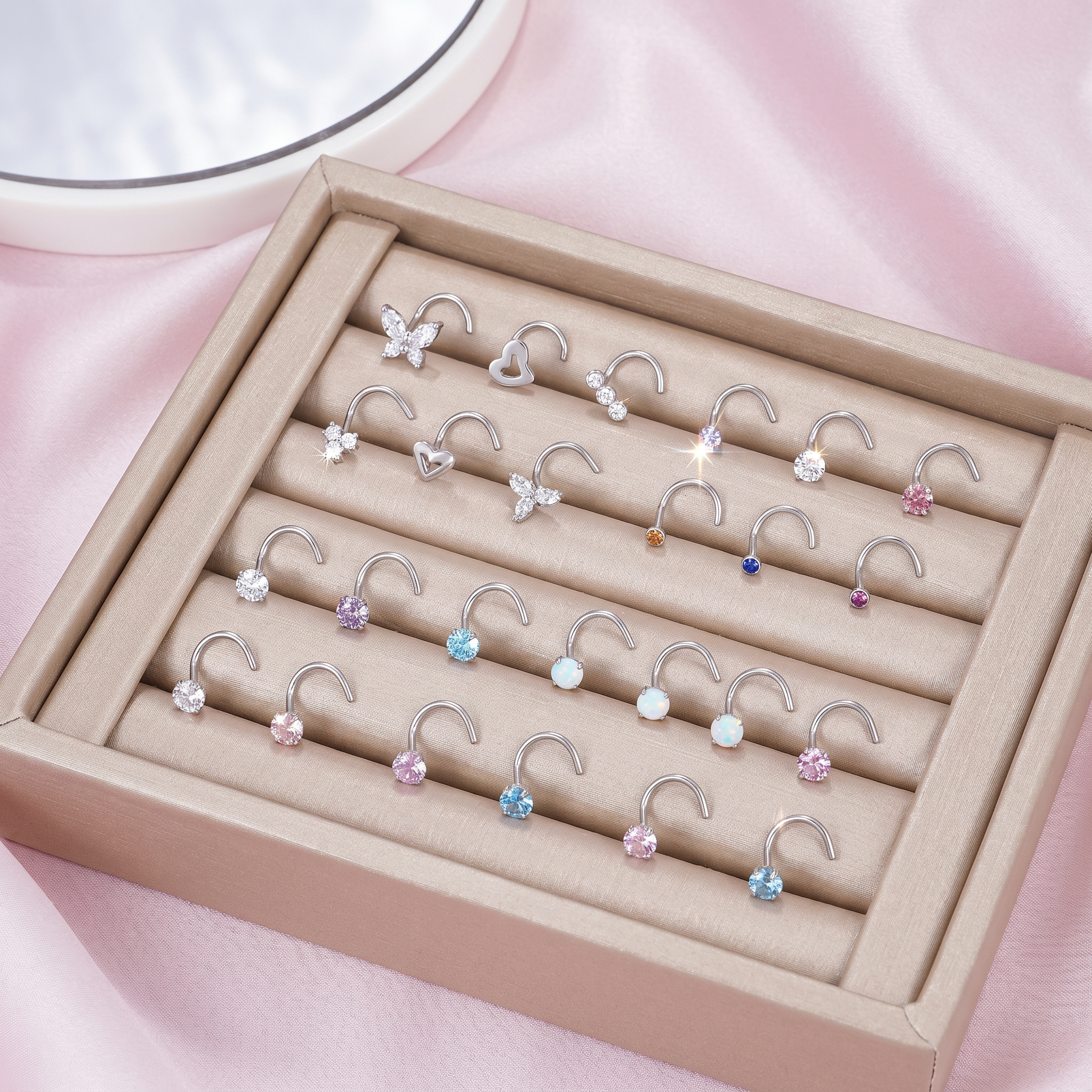 Cherry Diva Screw Nose Stud Multi Pack Of 16 Curved Crystal Nose Studs