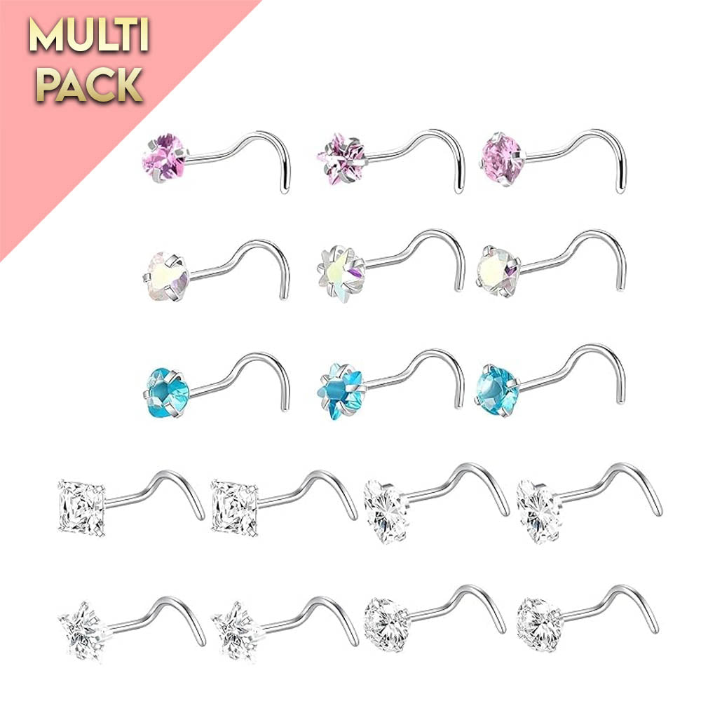 Cherry Diva Screw Nose Stud Multi Pack Of 17 Curved Crystal Nose Studs