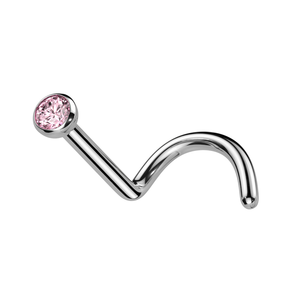 Cherry Diva Screw Nose Stud Pink 20 Gauge Titanium Threadless Crystal Screw Nose Stud