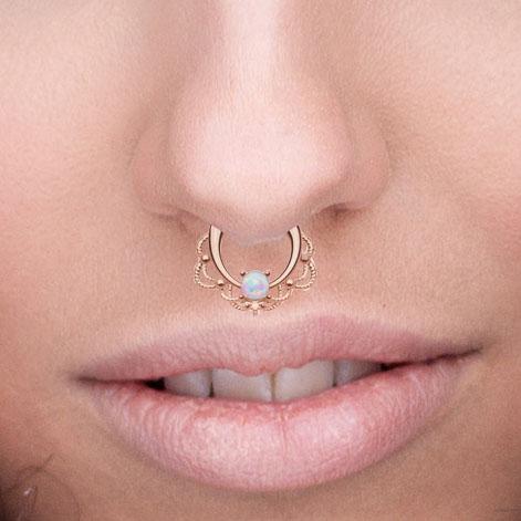 Cherry Diva Septum Ring 16 Gauge Ornate Opal Septum Ring - Gold