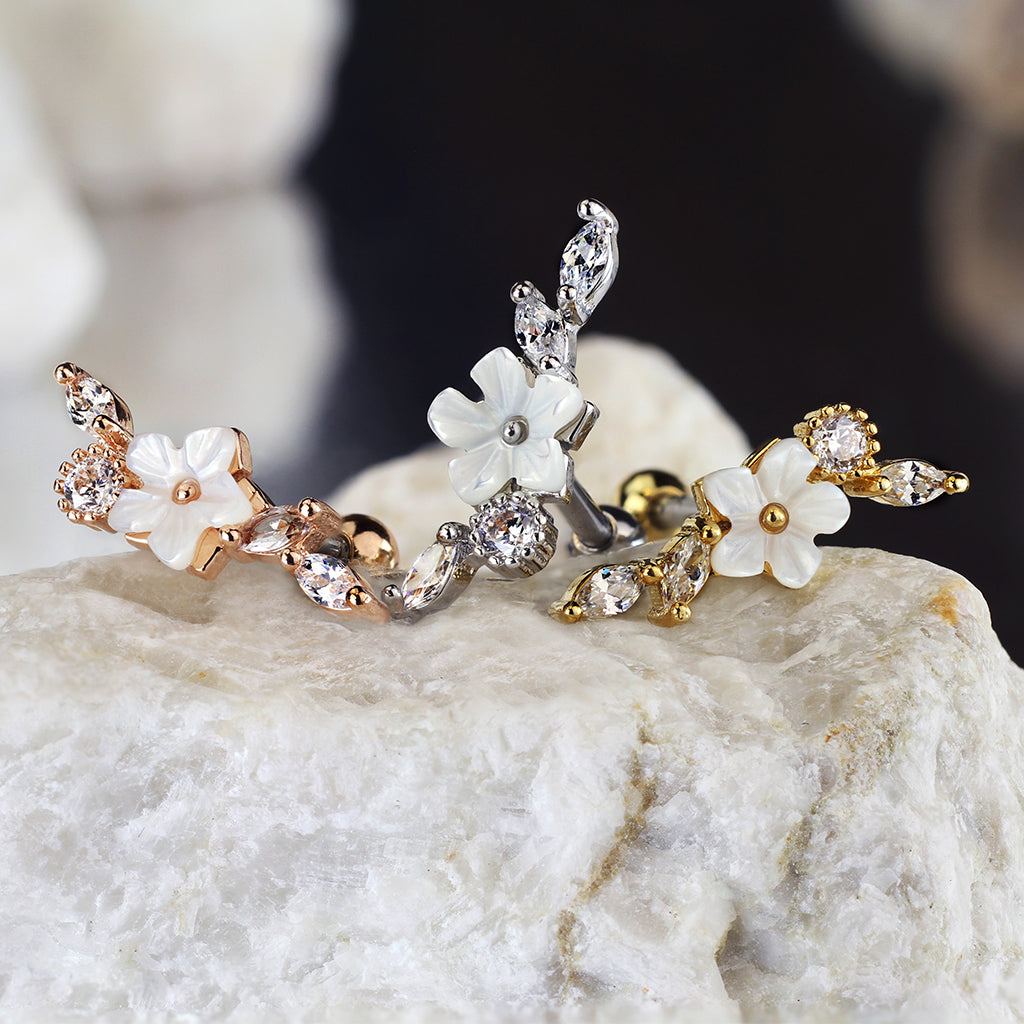 Cherry Diva Stud 16 Gauge Crystal Flower & Vine Cartilage / Tragus Stud