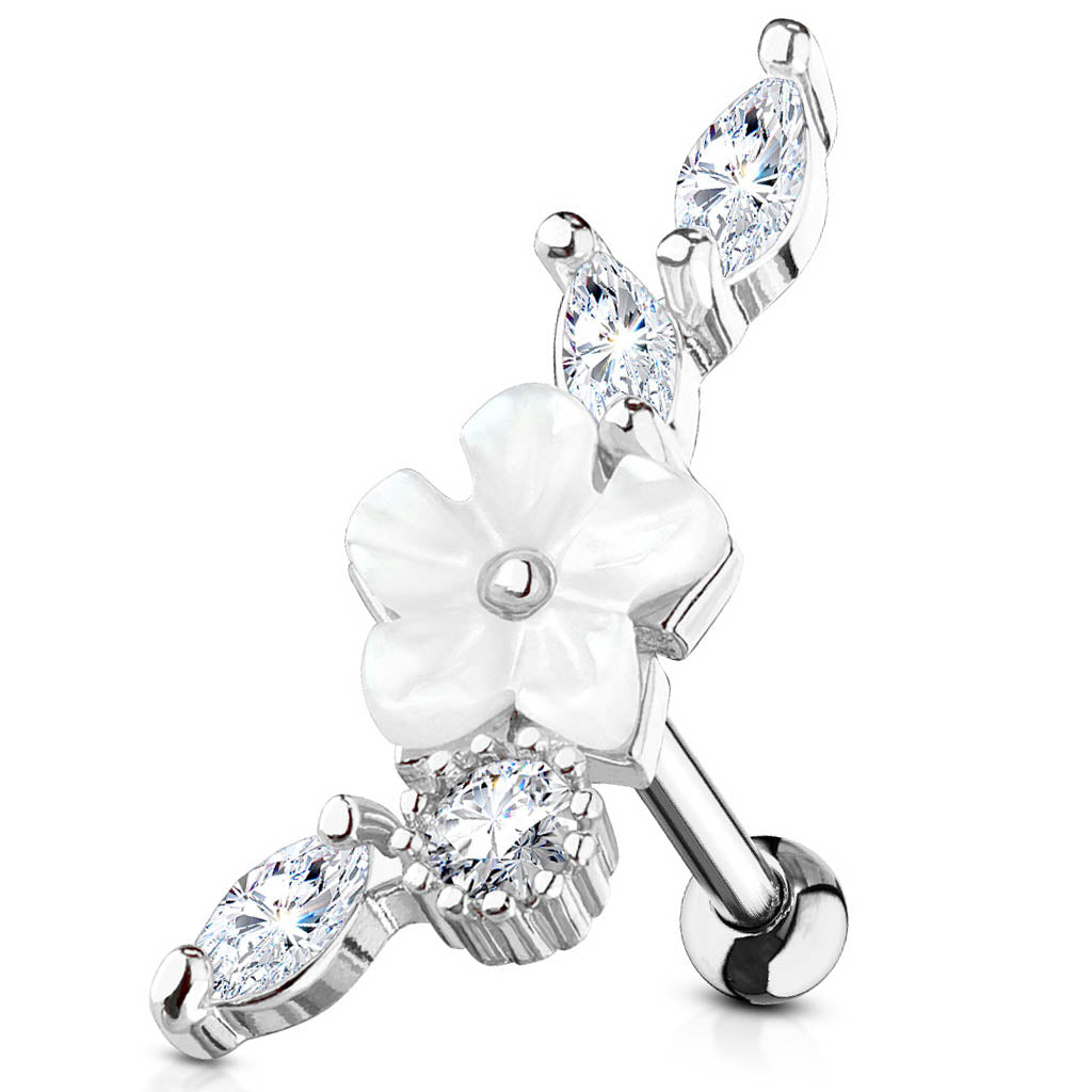 Cherry Diva Stud 16 Gauge Crystal Flower & Vine Cartilage / Tragus Stud
