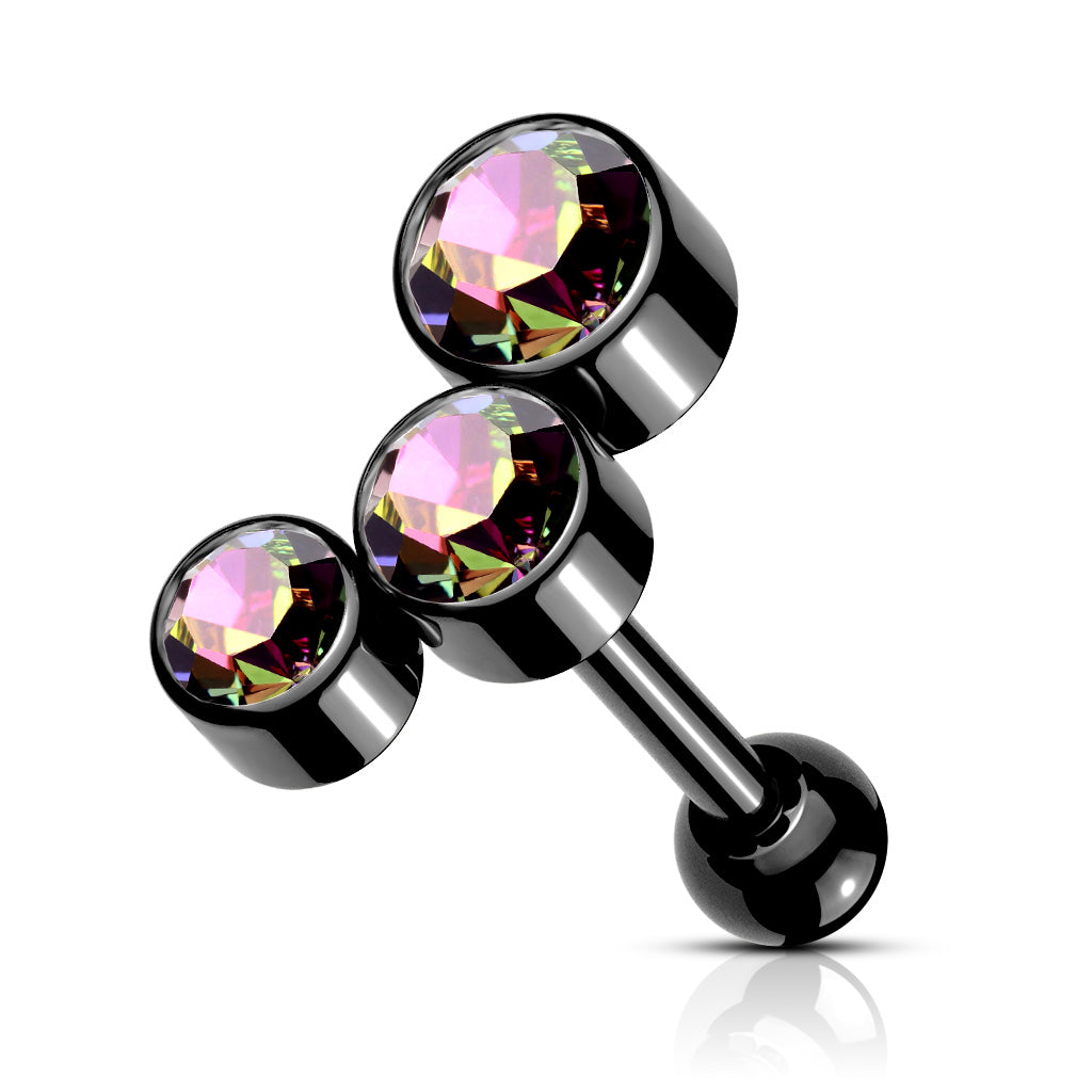 Cherry Diva Stud BLACK / RAINBOW CRYSTAL 16 Gauge Chunky Crystal Trio Cartilage / Tragus Stud