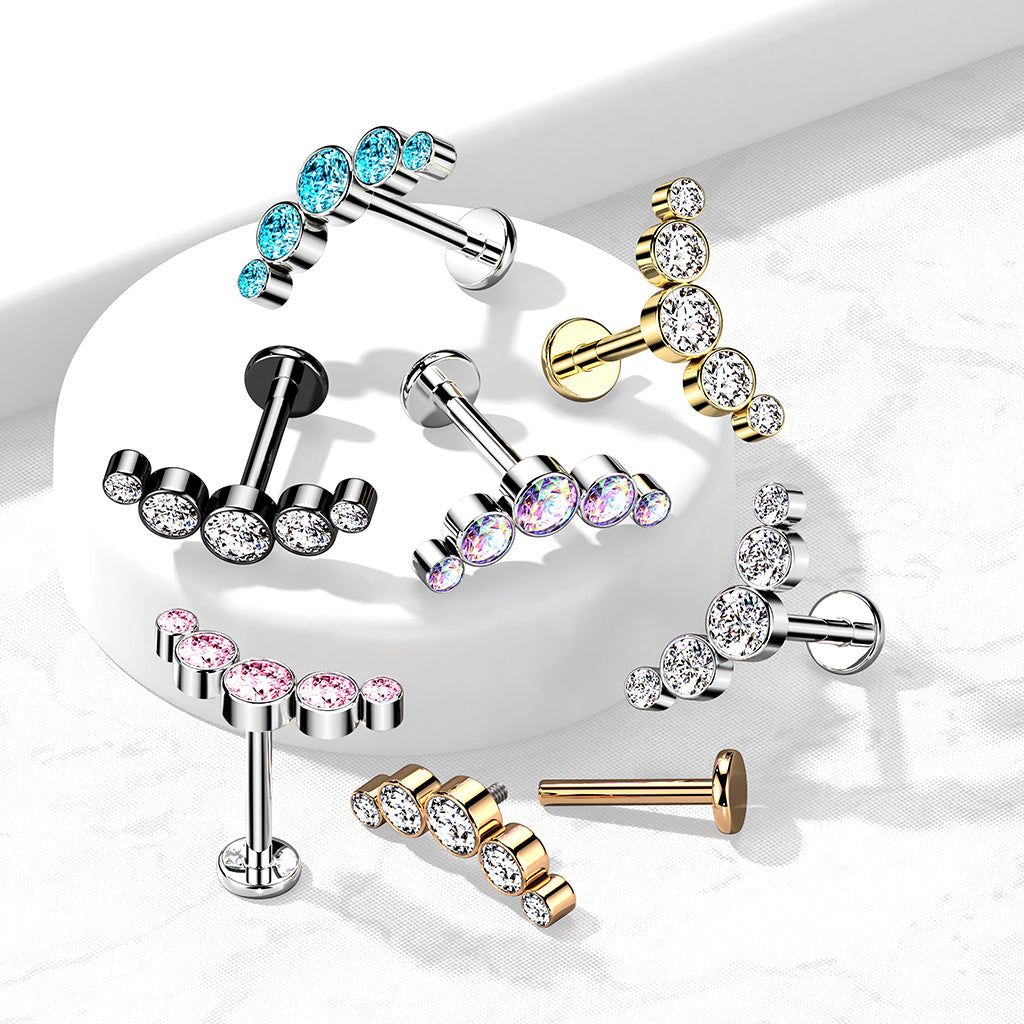 Cherry Diva Flat Back Stud 16 Gauge Internally Threaded Five Gem Curved Cartilage Stud