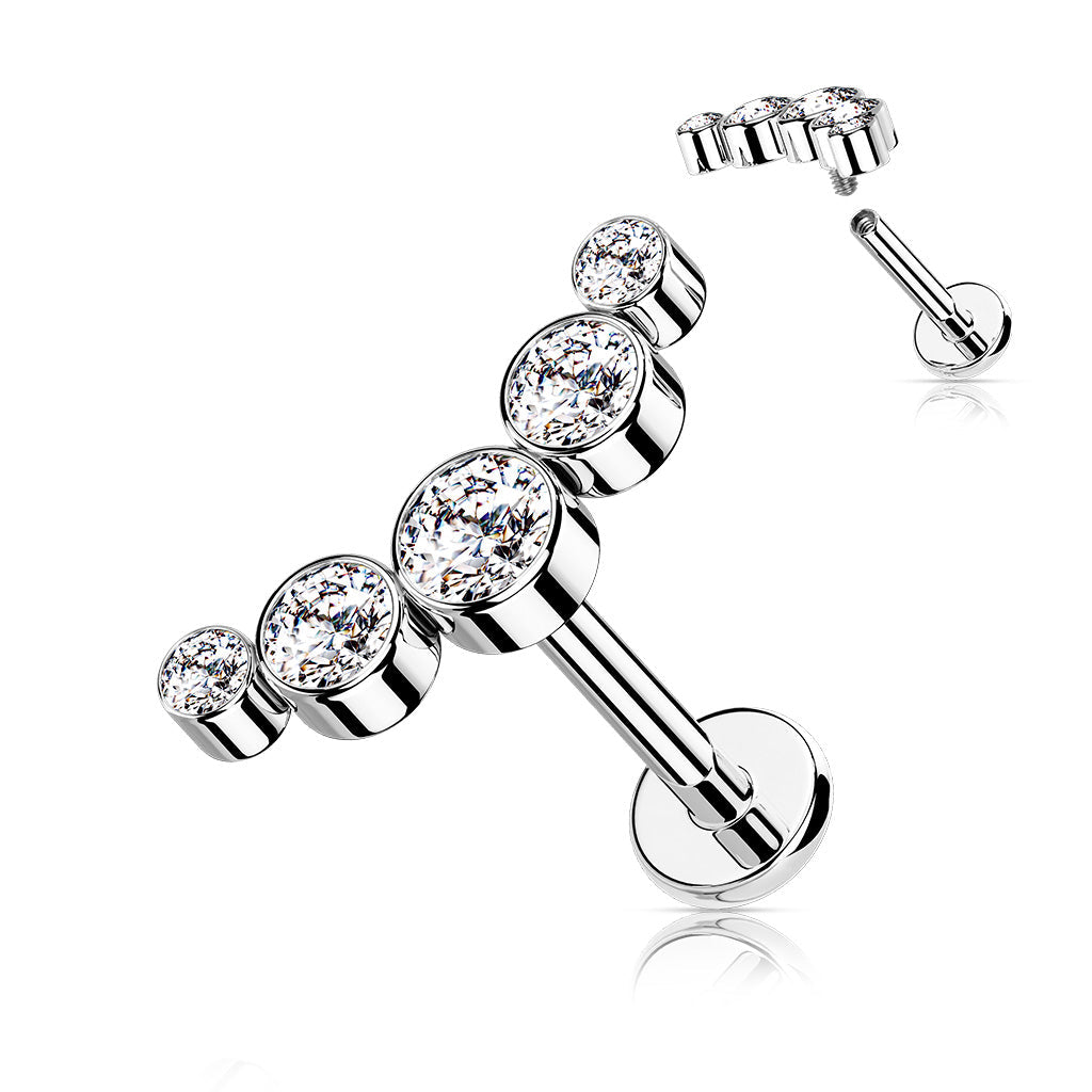 Cherry Diva Flat Back Stud CLEAR CRYSTAL - 6MM 16 Gauge Internally Threaded Five Gem Curved Cartilage Stud