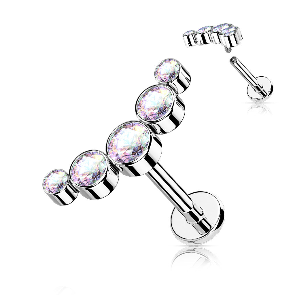 Cherry Diva Flat Back Stud AURORA CRYSTAL - 6MM 16 Gauge Internally Threaded Five Gem Curved Cartilage Stud