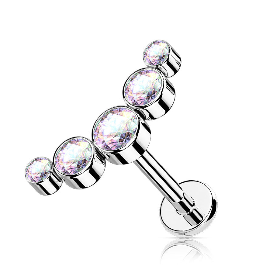 Cherry Diva Flat Back Stud AURORA CRYSTAL - 6MM 16 Gauge Internally Threaded Five Gem Curved Cartilage Stud