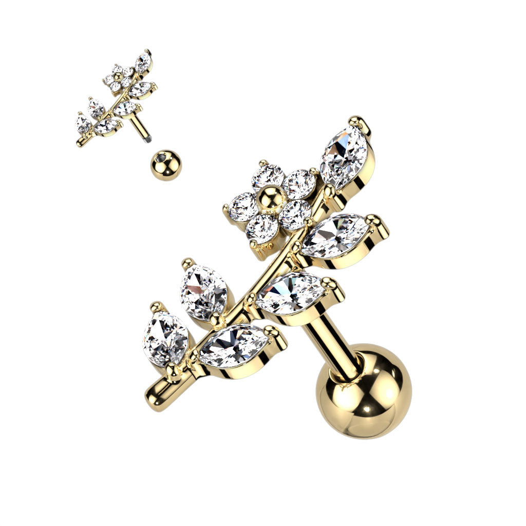 Cherry Diva Stud Gold 16 Gauge Crystal Vine Cartilage Stud