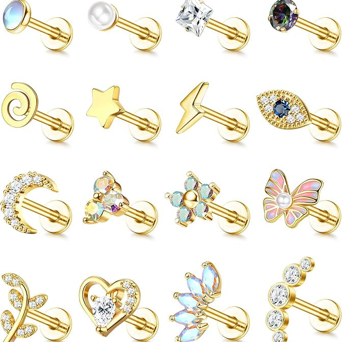 Cherry Diva Stud Gold / 6MM Multi Pack Of 16 Silver Cartilage / Labret Studs