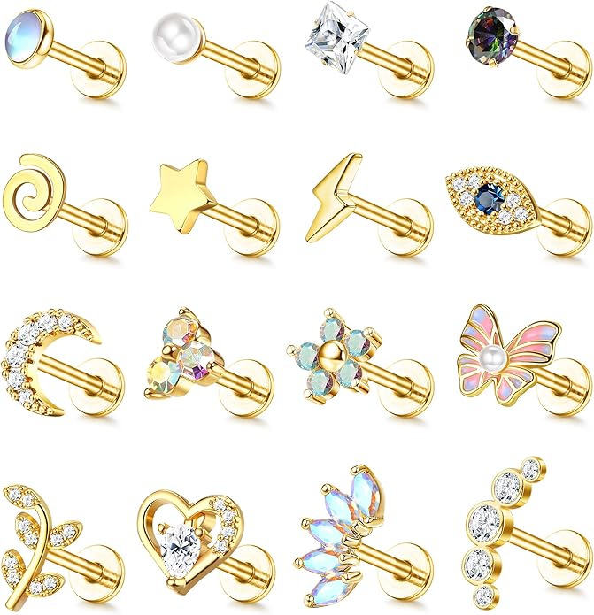 Cherry Diva Stud Gold / 6MM Multi Pack Of 16 Silver Cartilage / Labret Studs