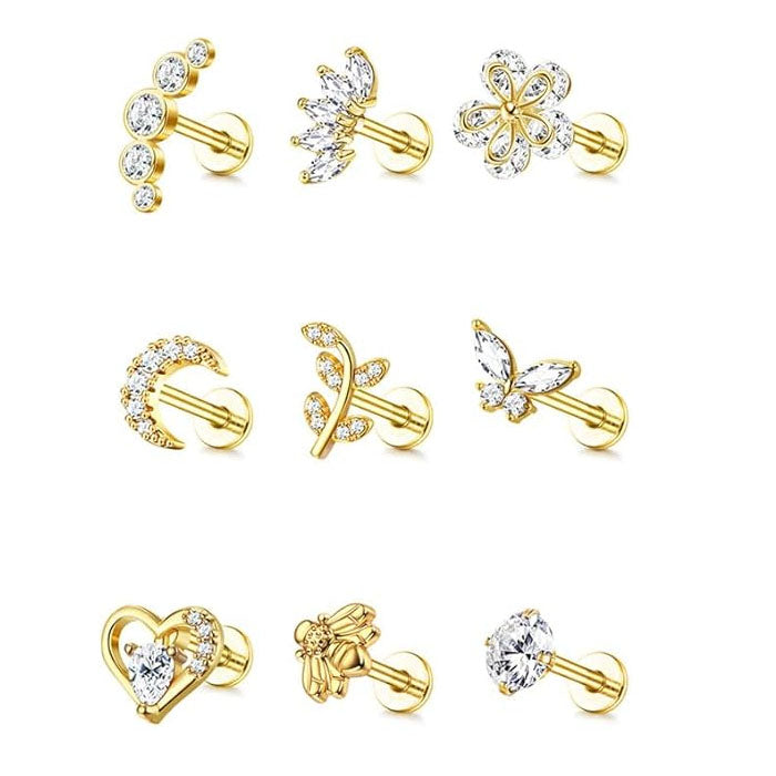 Cherry Diva Stud Gold / 6MM Multi Pack Of 9 Crystal Cartilage / Labret Studs