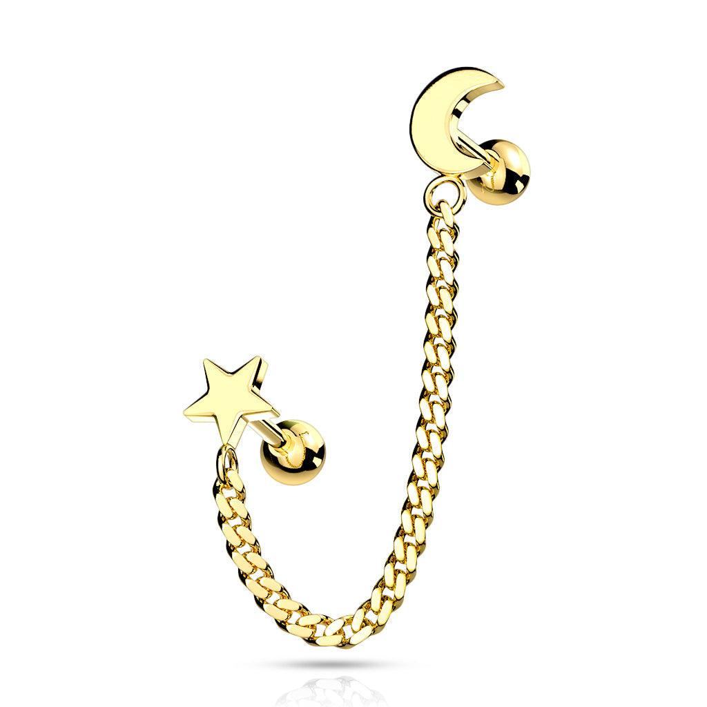 Cherry Diva Stud GOLD 16 Gauge Moon & Stars Chain Linked Stud