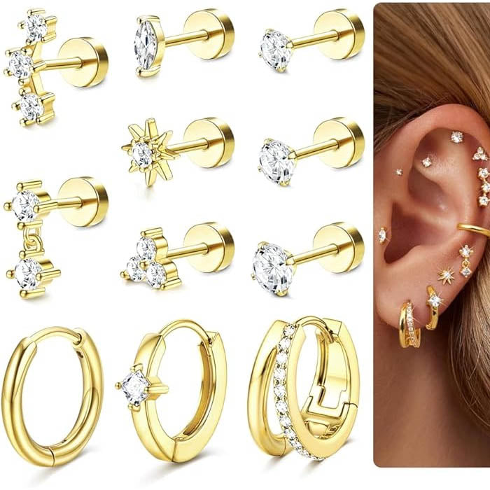 Cherry Diva Stud Gold Multi Pack of 11 Cartilage Studs & Hoops