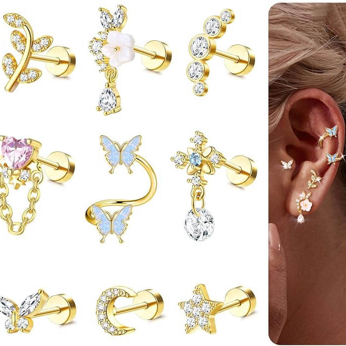 Cherry Diva Stud Gold Multi Pack of 12 Cartilage Studs & Hoops