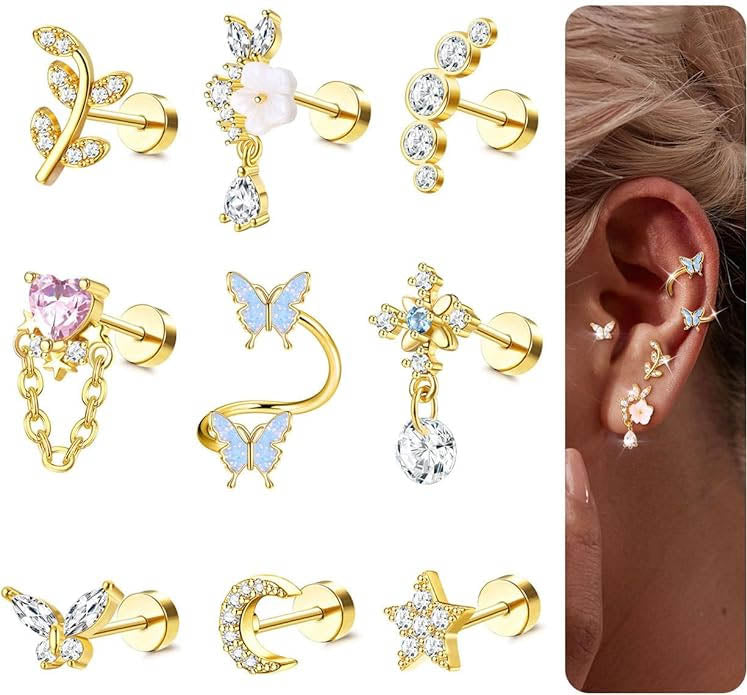 Cherry Diva Stud Gold Multi Pack of 12 Cartilage Studs & Hoops