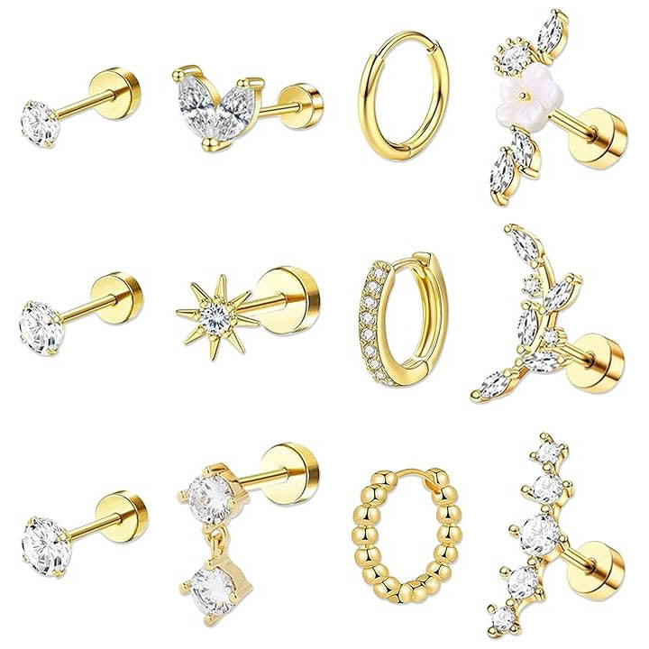 Cherry Diva Stud Gold Multi Pack of 12 Cartilage Studs & Hoops