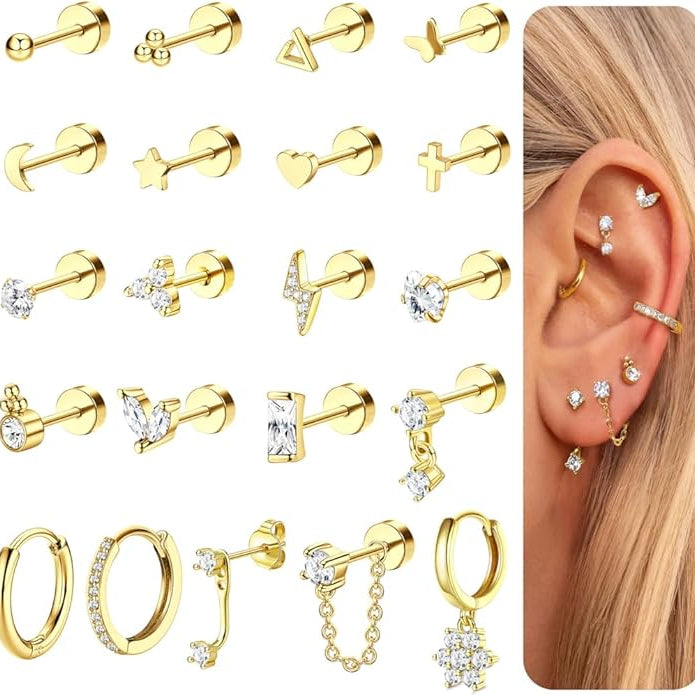 Cherry Diva Stud Gold Multi Pack Of 21 Flat Back Studs And Hoops