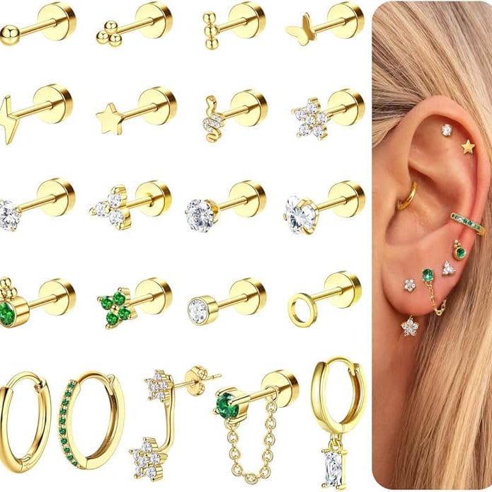 Cherry Diva Stud Gold Multi Pack Of 21 Flat Back Studs And Hoops