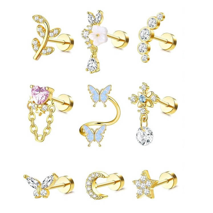 Cherry Diva Stud Gold Multi Pack of 9 Crystal Cartilage Studs