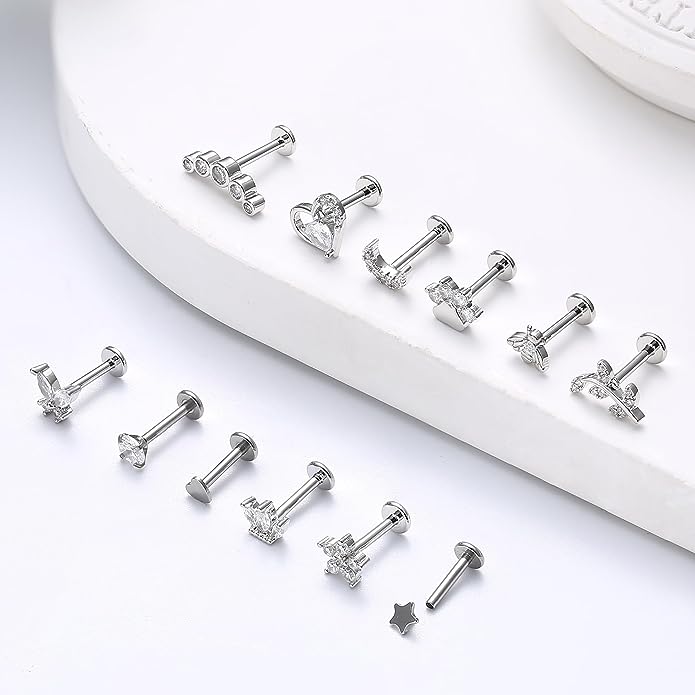 Cherry Diva Stud Multi Pack Of 12 Silver Cartilage / Labret Studs