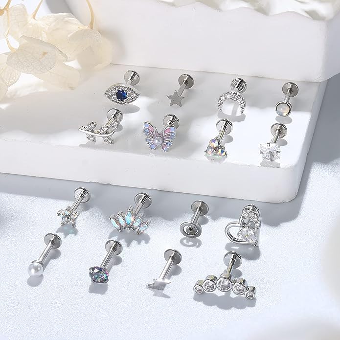 Cherry Diva Stud Multi Pack Of 16 Silver Cartilage / Labret Studs