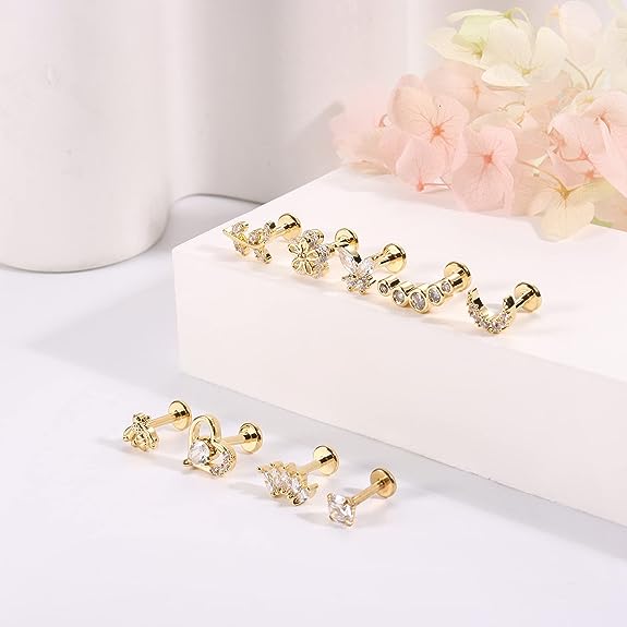 Cherry Diva Stud Multi Pack Of 9 Gold Cartilage / Labret Studs