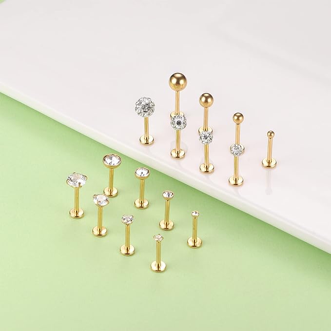 Cherry Diva Stud Multi Pack Of 16 Gold Push Fit Cartilage / Labret Studs