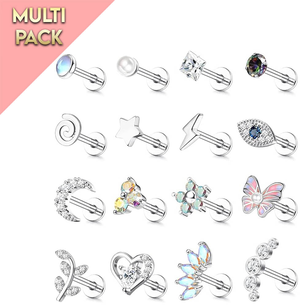 Cherry Diva Stud Multi Pack Of 16 Silver Cartilage / Labret Studs