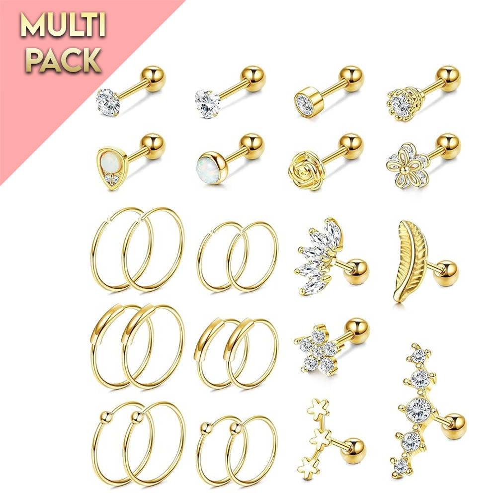 Cherry Diva Stud Multi Pack Of 25 Golden Studs And Hoops