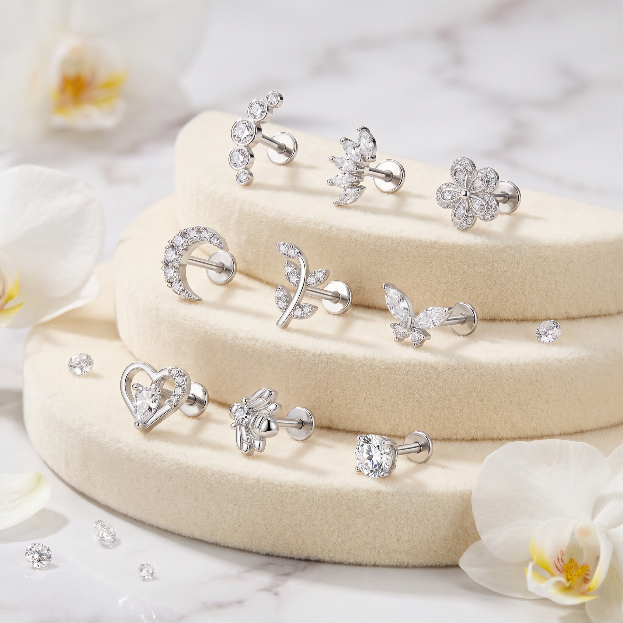 Cherry Diva Stud Multi Pack Of 9 Crystal Cartilage / Labret Studs