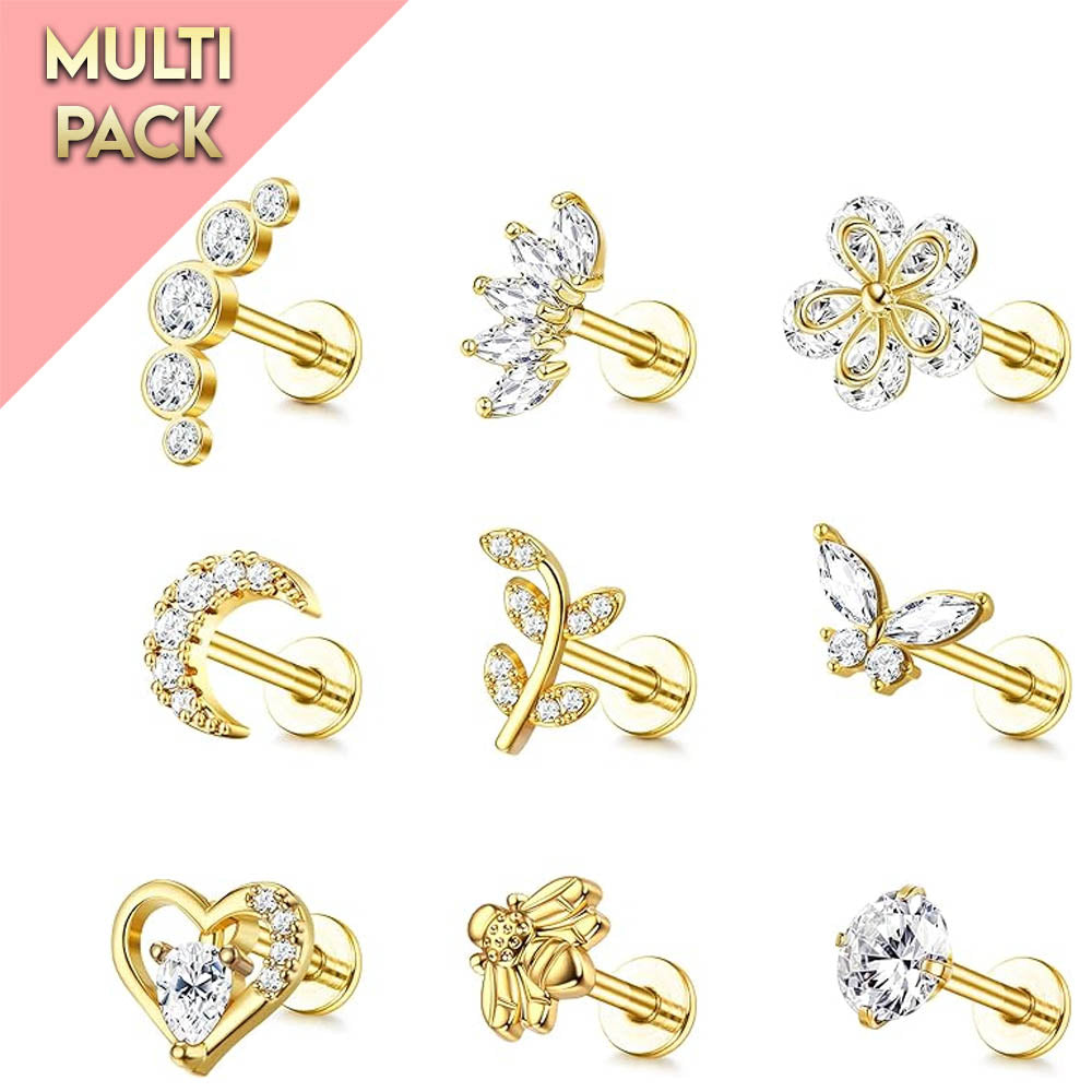 Cherry Diva Stud Multi Pack Of 9 Gold Cartilage / Labret Studs