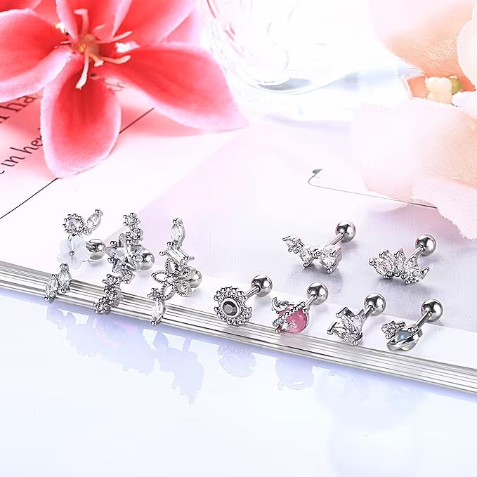 Multi Pack Of 9 Silver Cartilage Studs