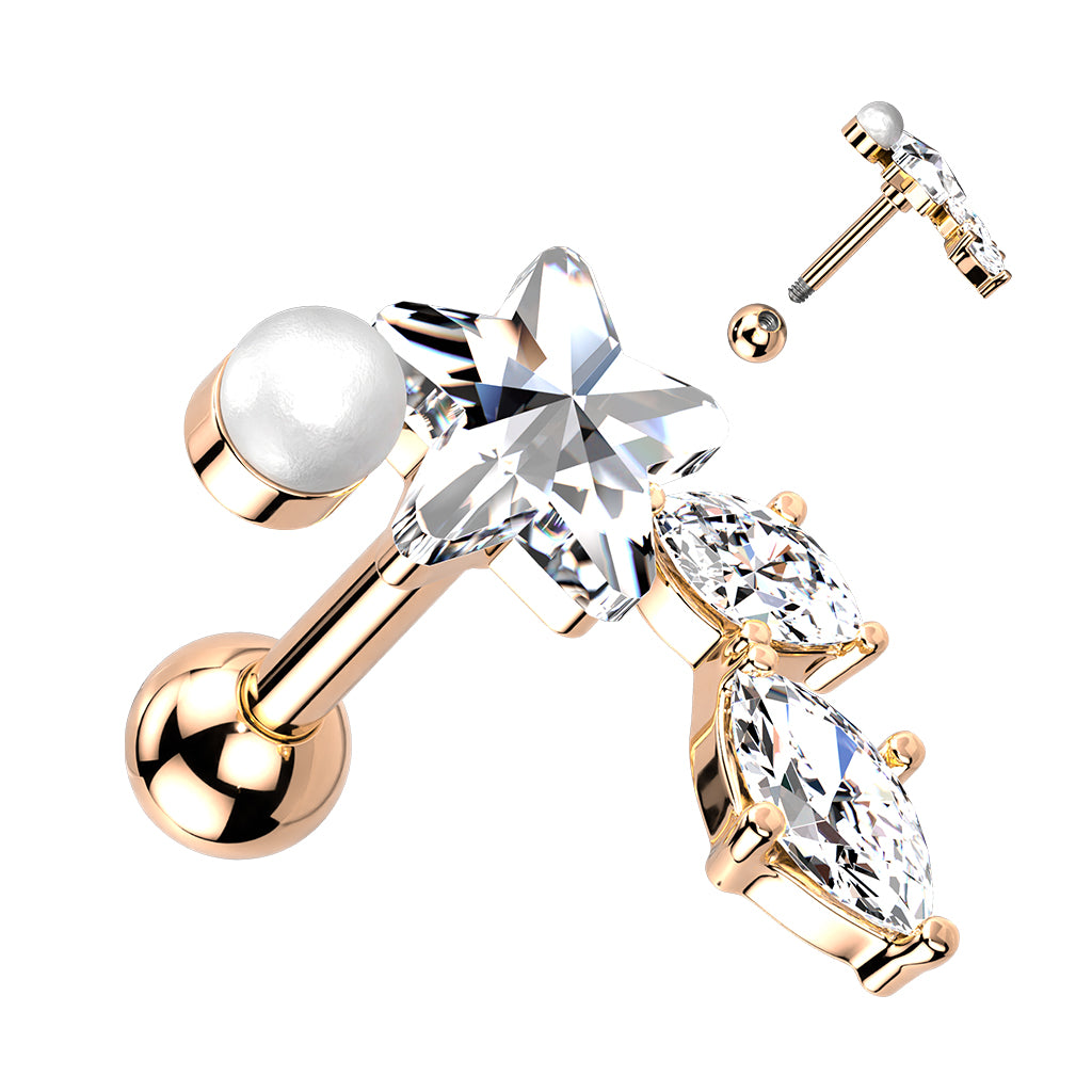 Cherry Diva Stud Rose gold 16 Gauge Crystal Star & Vine Cartilage Stud